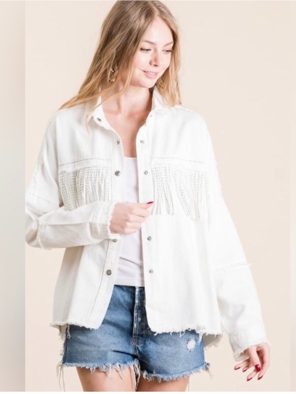 White Fringe-Trim Button-Front Shirt Jacket